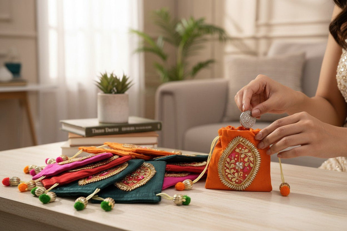 Small Gota Potlis with Gota Ball String to Pack Gifts in Style - 5x7 La Vie Bien Small Gota Potlis with Gota Ball String to Pack Gifts in Style - 5x7
