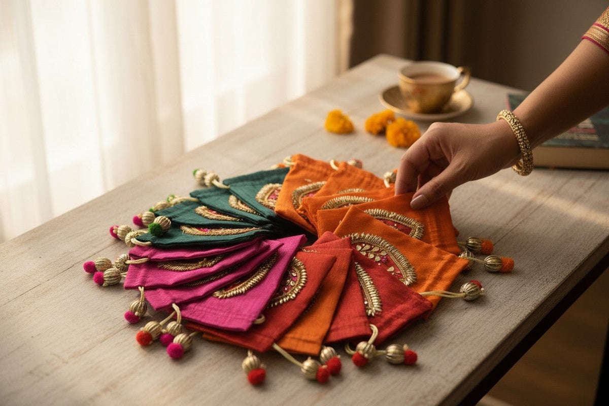 Small Gota Potlis with Gota Ball String to Pack Gifts in Style - 5x7 La Vie Bien Small Gota Potlis with Gota Ball String to Pack Gifts in Style - 5x7