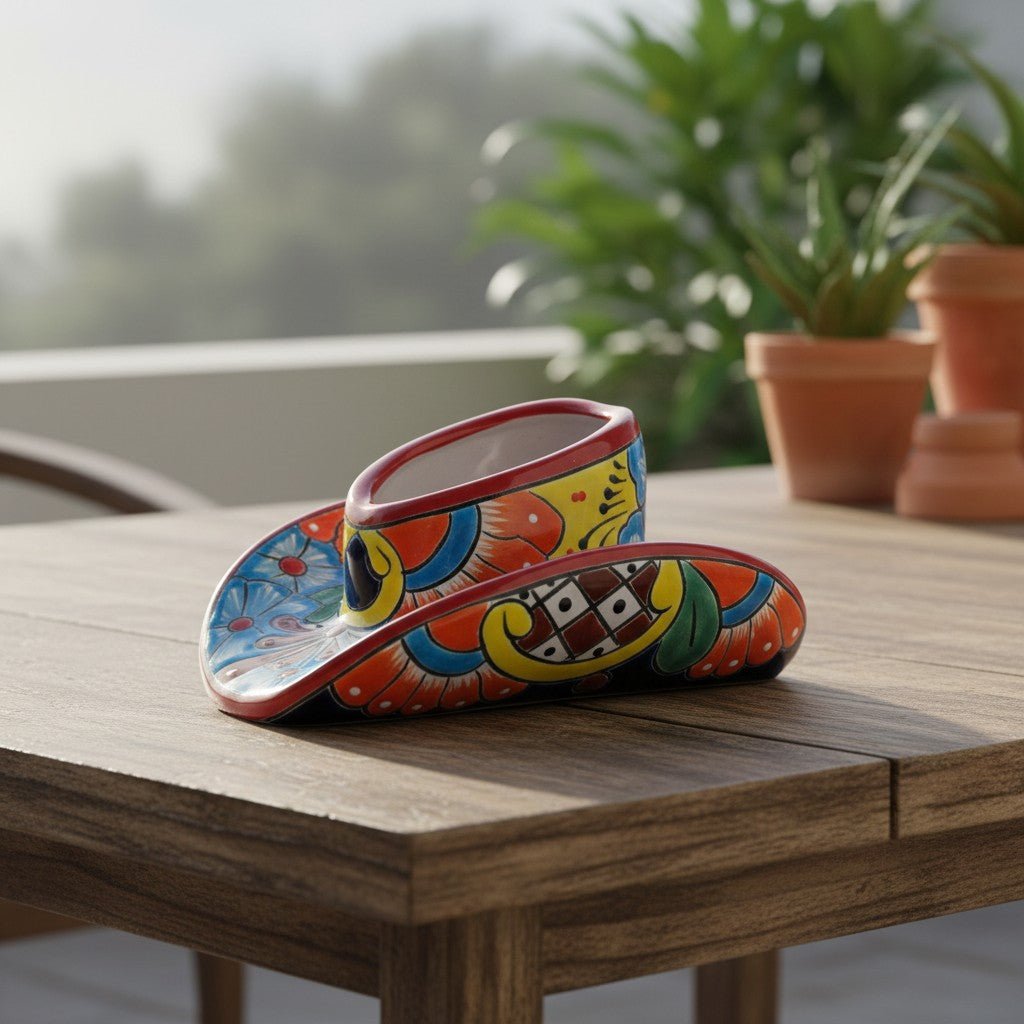 Small Talavera Sombrero Planter | Hand-Painted Cowboy Hat Decor Talavera Planter La Vie Bien Small Talavera Sombrero Planter | Hand-Painted Cowboy Hat Decor