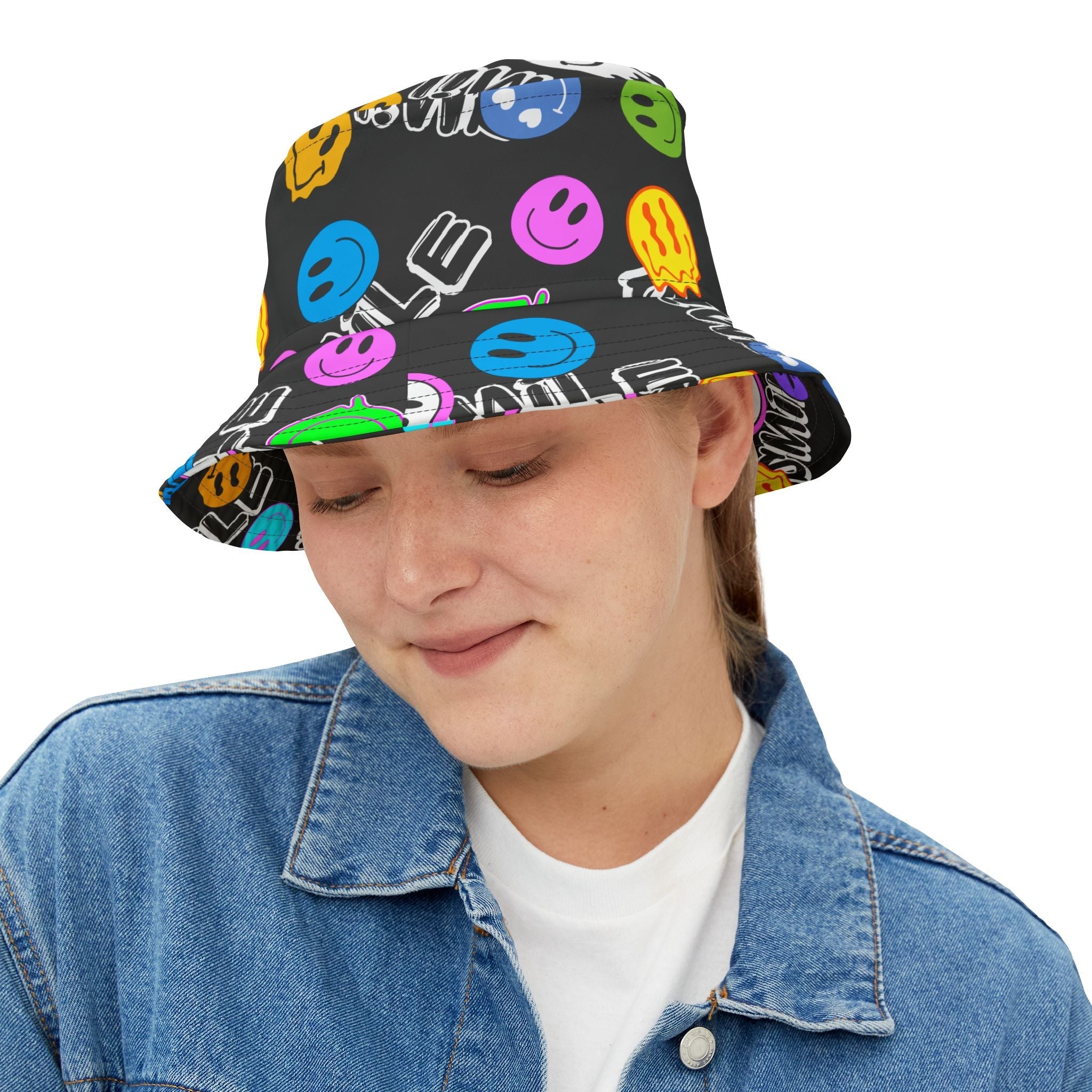 "Smile" colorful smiley face graffiti Bucket Hat Hats La Vie Bien "Smile" colorful smiley face graffiti Bucket Hat