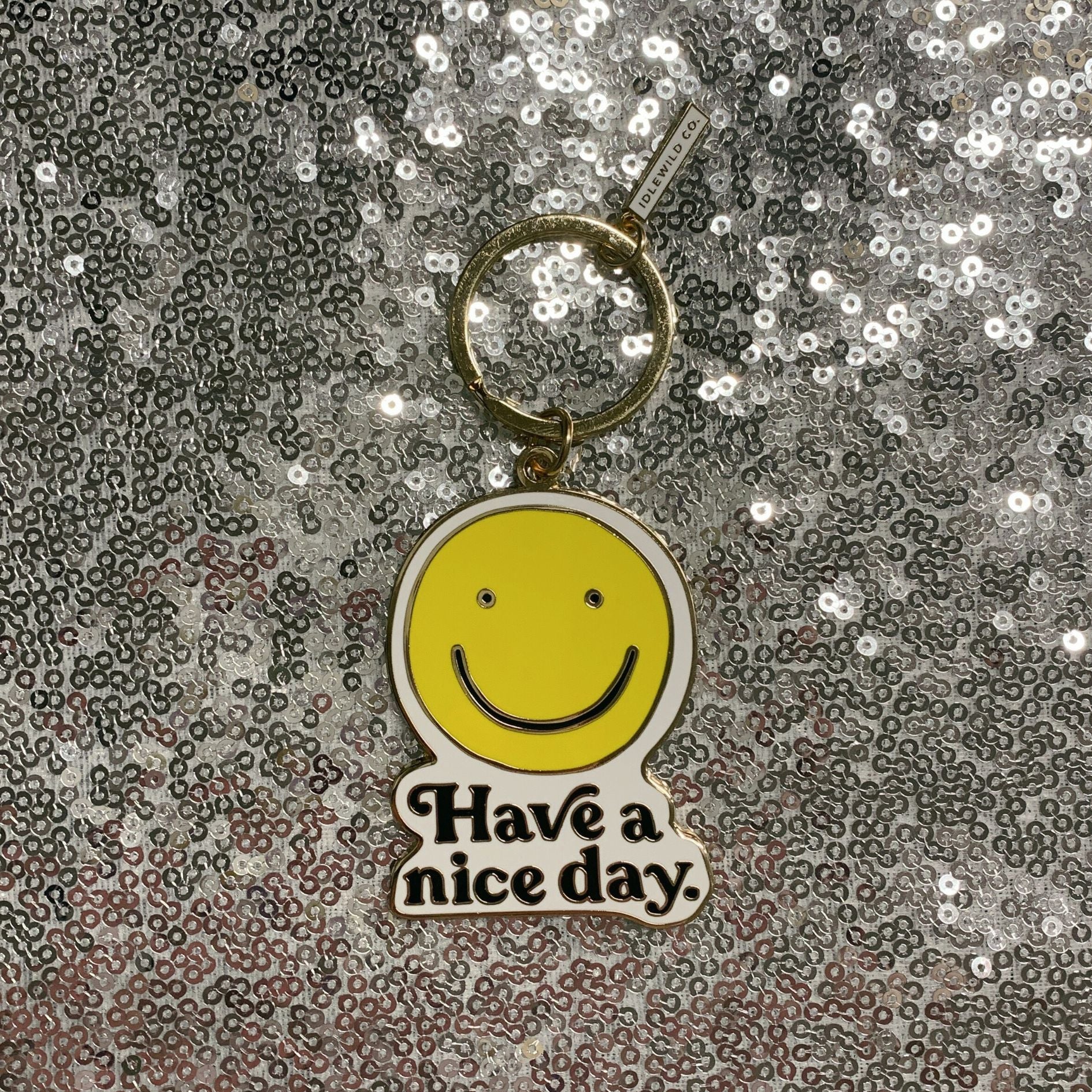Smiley "Have a Nice Day" Brass and Enamel Keychain | Emoji Face Key Ring Holder Keychain La Vie Bien Smiley "Have a Nice Day" Brass and Enamel Keychain | Emoji Face Key Ring Holder