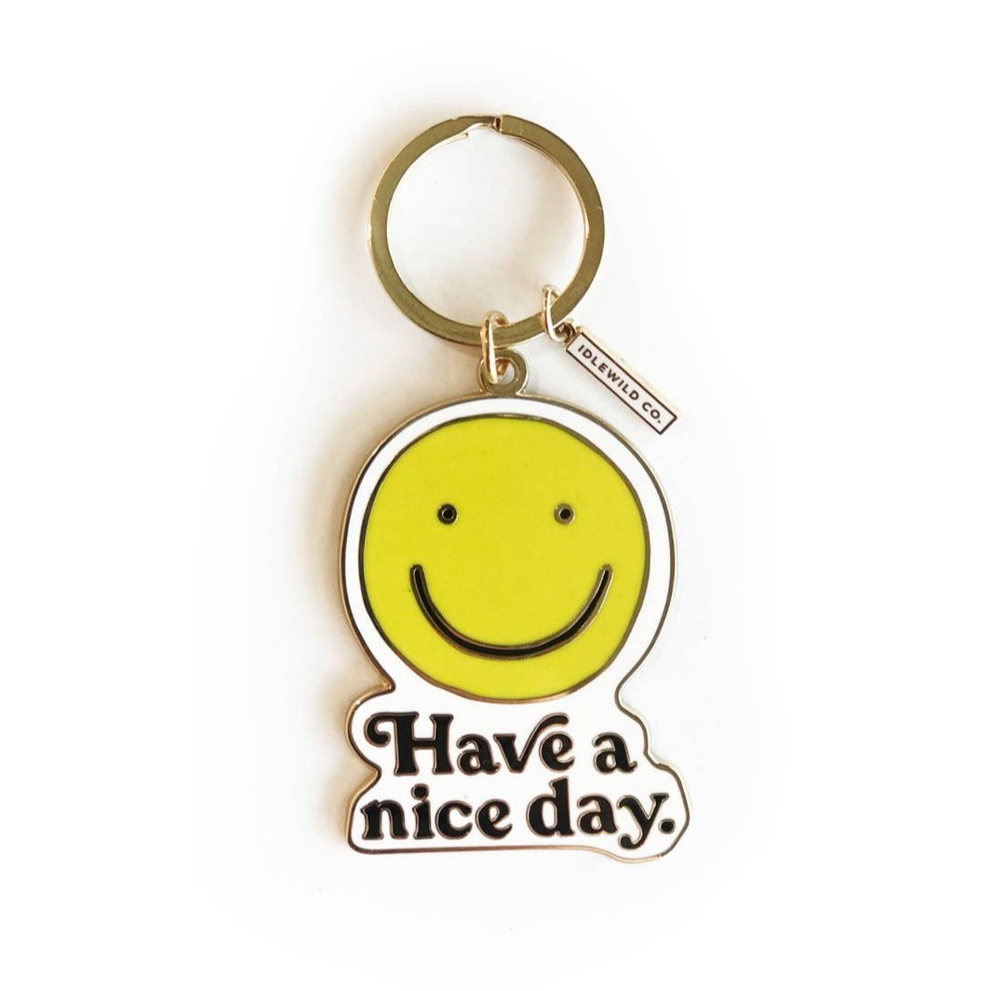 Smiley "Have a Nice Day" Brass and Enamel Keychain | Emoji Face Key Ring Holder Keychain La Vie Bien Smiley "Have a Nice Day" Brass and Enamel Keychain | Emoji Face Key Ring Holder