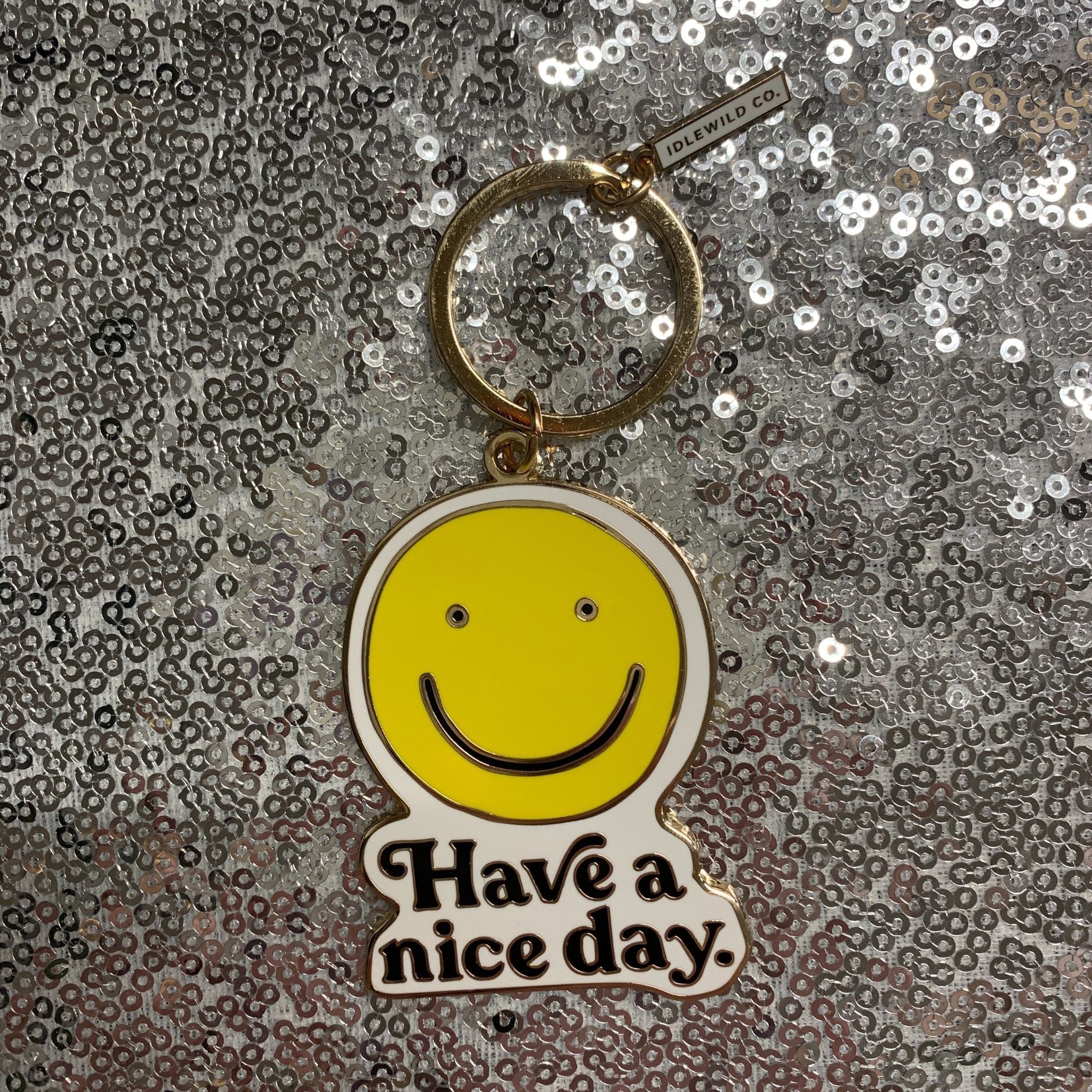 Smiley "Have a Nice Day" Brass and Enamel Keychain | Emoji Face Key Ring Holder Keychain La Vie Bien Smiley "Have a Nice Day" Brass and Enamel Keychain | Emoji Face Key Ring Holder