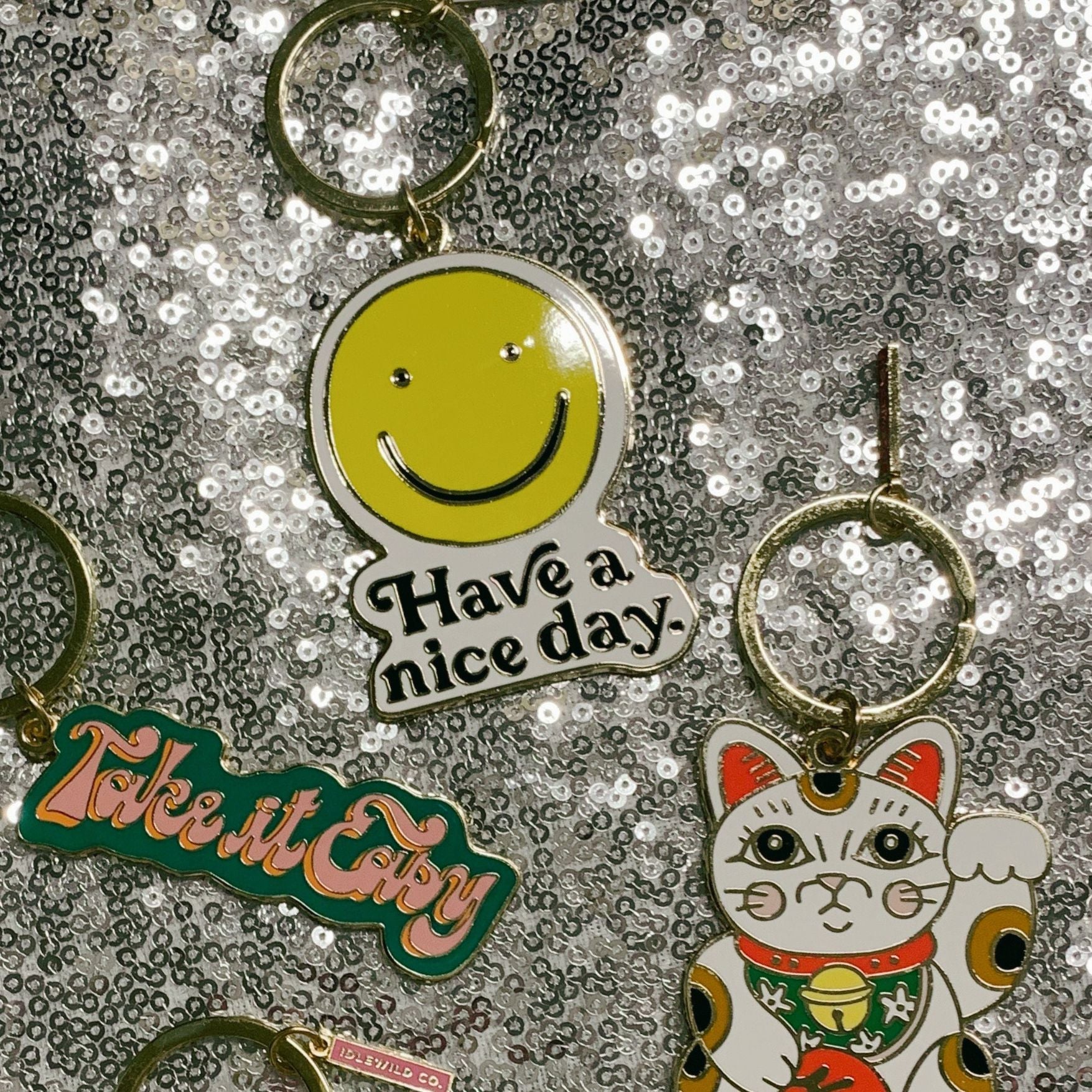 Smiley "Have a Nice Day" Brass and Enamel Keychain | Emoji Face Key Ring Holder Keychain La Vie Bien Smiley "Have a Nice Day" Brass and Enamel Keychain | Emoji Face Key Ring Holder