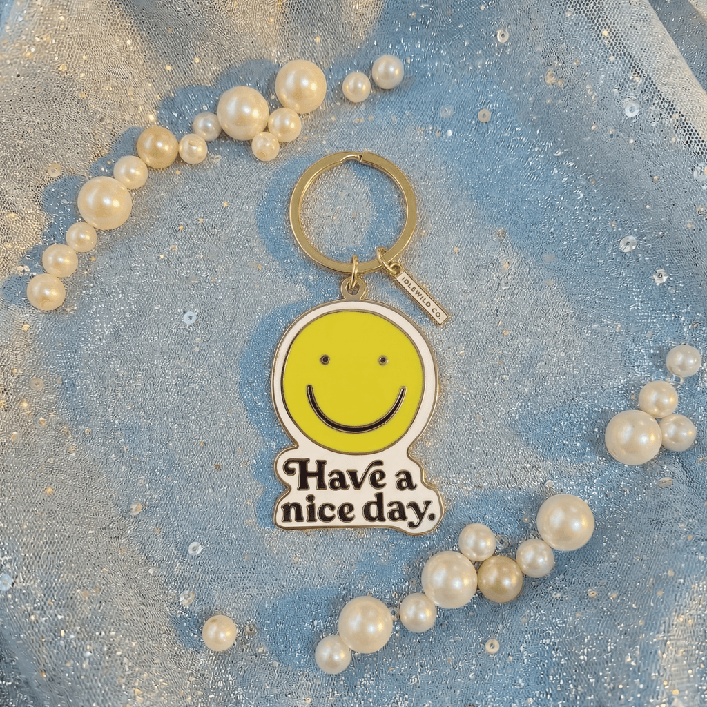 Smiley "Have a Nice Day" Brass and Enamel Keychain | Emoji Face Key Ring Holder Keychain La Vie Bien Smiley "Have a Nice Day" Brass and Enamel Keychain | Emoji Face Key Ring Holder