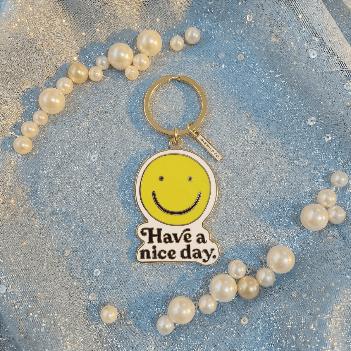 Smiley "Have a Nice Day" Brass and Enamel Keychain | Emoji Face Key Ring Holder Keychain La Vie Bien Smiley "Have a Nice Day" Brass and Enamel Keychain | Emoji Face Key Ring Holder