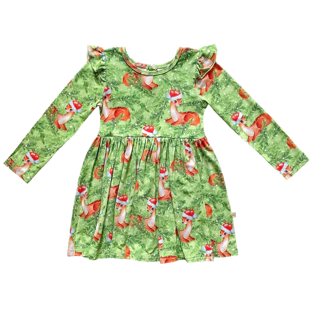 Snow Fir Tree Christmas Holiday Fawn Reindeer Long Sleeve Ruffled Girls Dress Dress La Vie Bien Snow Fir Tree Christmas Holiday Fawn Reindeer Long Sleeve Ruffled Girls Dress