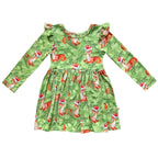 Snow Fir Tree Christmas Holiday Fawn Reindeer Long Sleeve Ruffled Girls Dress Dress La Vie Bien Snow Fir Tree Christmas Holiday Fawn Reindeer Long Sleeve Ruffled Girls Dress