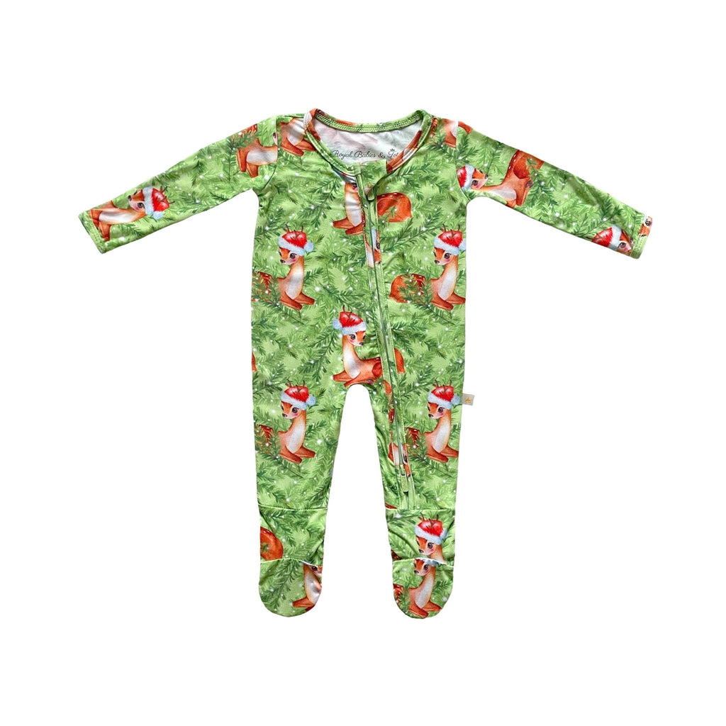 Snow Fir Tree Christmas Holiday Fawn Reindeer Long Sleeve Zip Footie Onesie La Vie Bien Snow Fir Tree Christmas Holiday Fawn Reindeer Long Sleeve Zip Footie