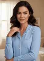 Soft Knit Cotton Womens Pajama Set with Long Sleeve Button Down PJ Shirt and Full Length Pajama Pants with Pockets pajama-sets La Vie Bien Soft Knit Cotton Womens Pajama Set with Long Sleeve Button Down PJ Shirt and Full Length Pajama Pants with Pockets