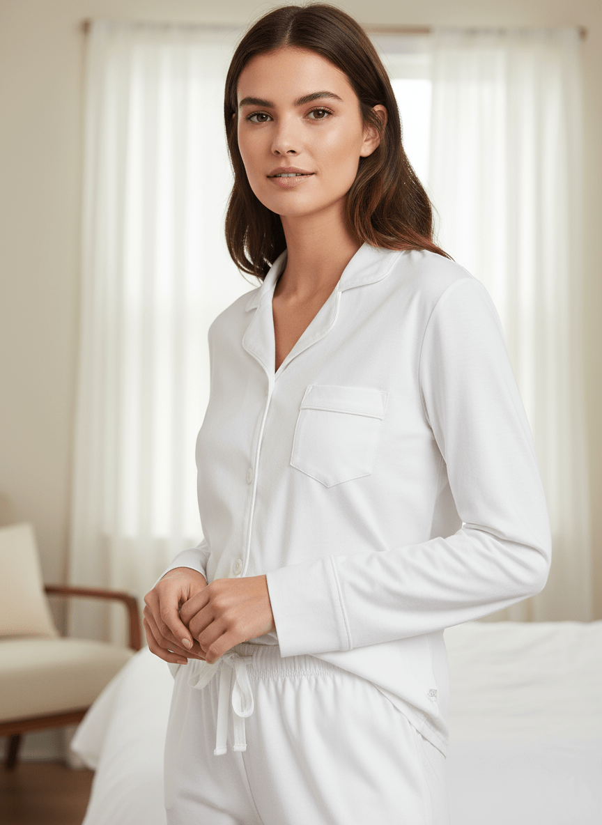 Soft Knit Cotton Womens Pajama Set with Long Sleeve Button Down PJ Shirt and Full Length Pajama Pants with Pockets pajama-sets La Vie Bien Soft Knit Cotton Womens Pajama Set with Long Sleeve Button Down PJ Shirt and Full Length Pajama Pants with Pockets