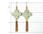 Soft Sage Quatrefoil Earrings with Gold Tassels by Gracie Nicole