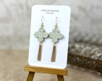 Soft Sage Quatrefoil Earrings with Gold Tassels by Gracie Nicole