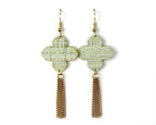Soft Sage Quatrefoil Earrings with Gold Tassels by Gracie Nicole