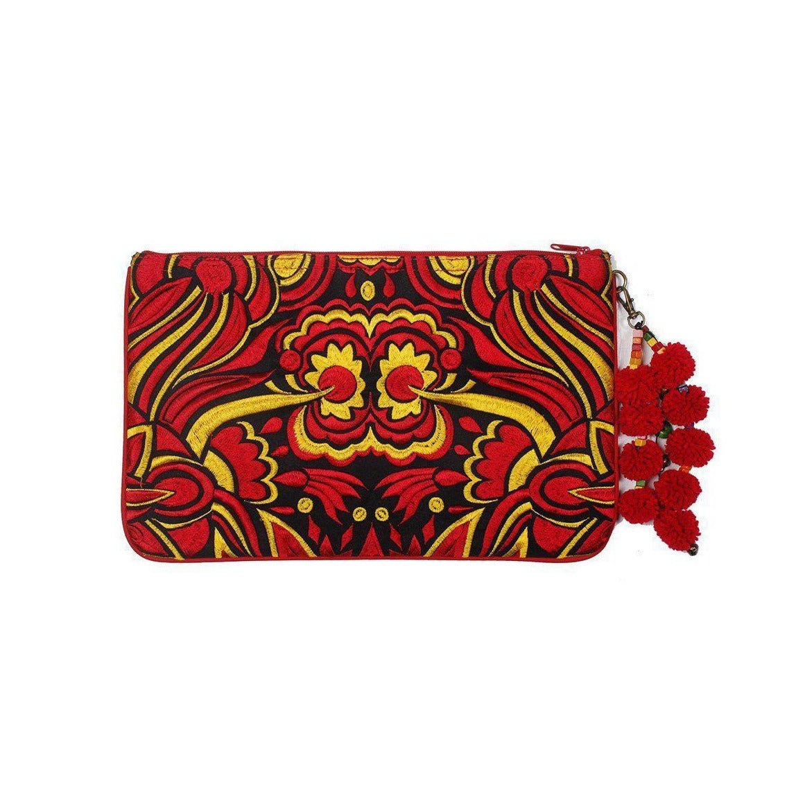 Soila Embroidered Pompom Clutch | iPad Bag - Thailand Clutch La Vie Bien Soila Embroidered Pompom Clutch | iPad Bag - Thailand