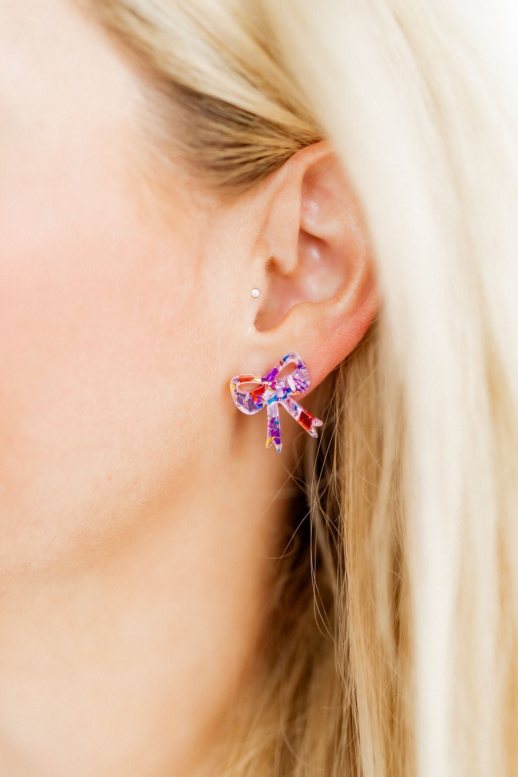 Sophia Bow Earrings - Pink Birthday Confetti Acetate La Vie Bien Sophia Bow Earrings - Pink Birthday Confetti