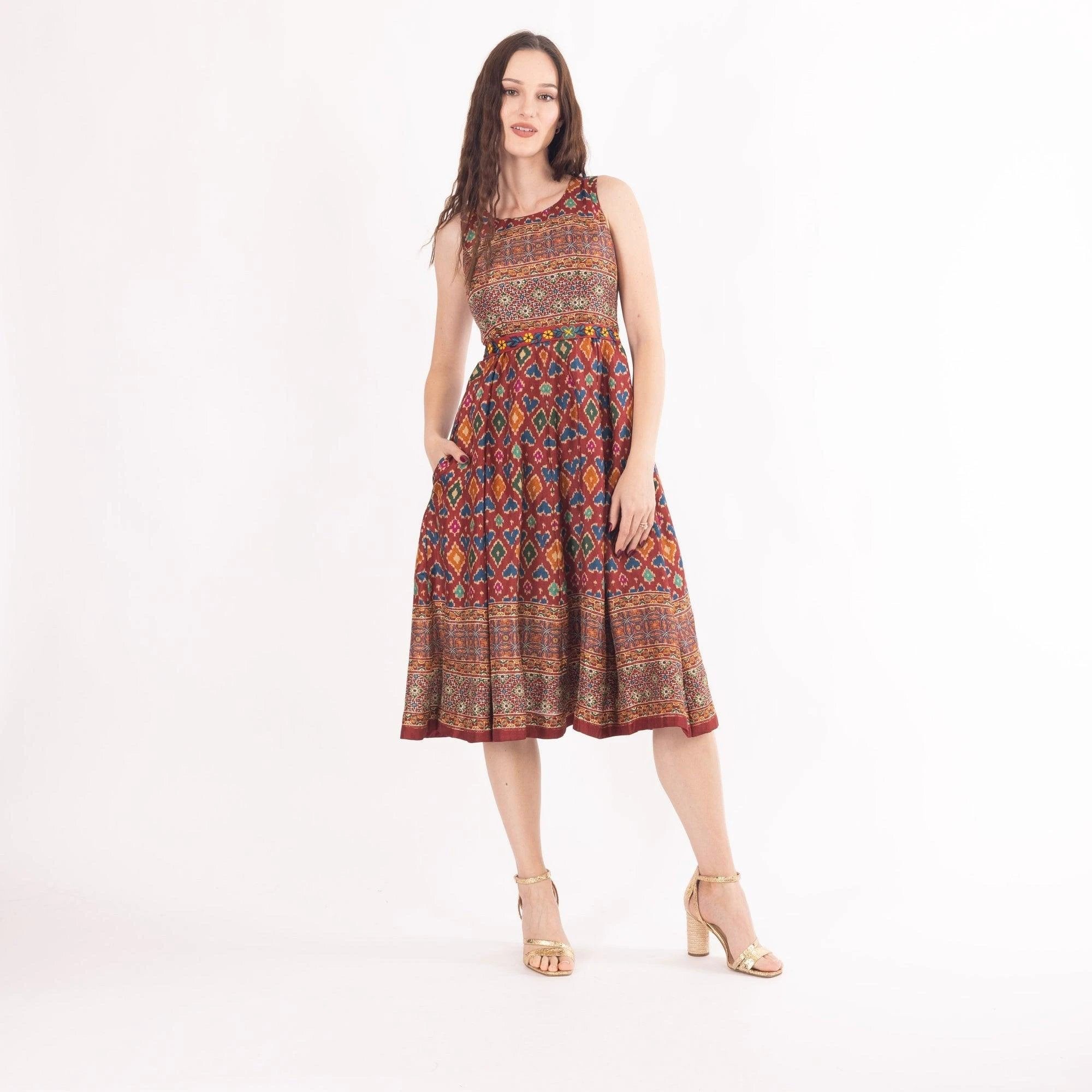 Sorrel Maroon Midi Dress with Embroidered Belt by Raas