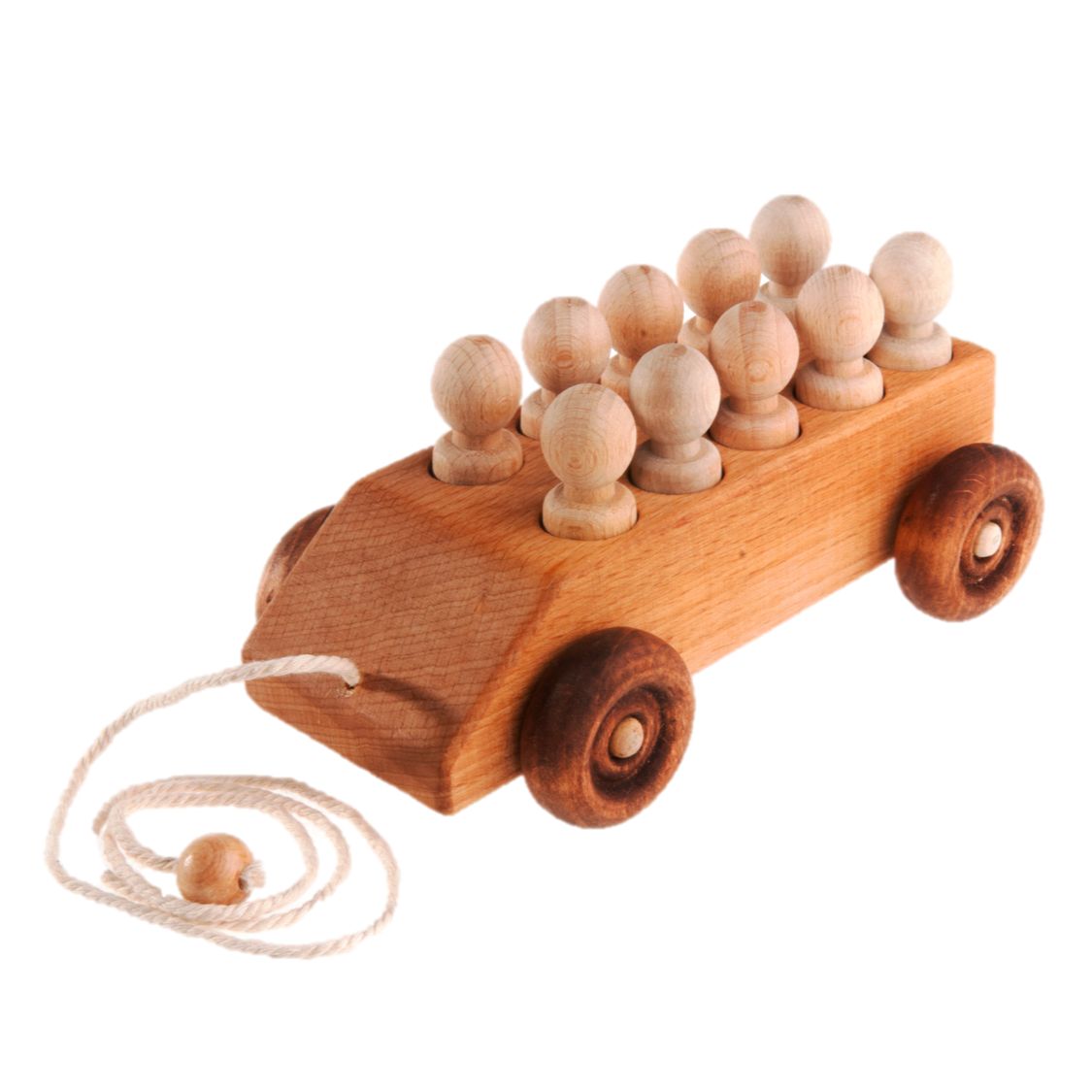Pull Along Car with ten Wooden Peg Passengers