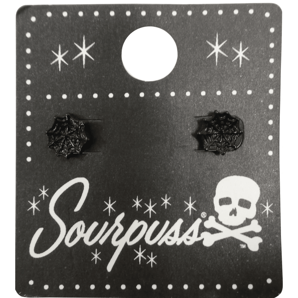 Sourpuss Earrings | Black Spider Web Studs | Gothic Rockabilly Resin Design by The Bullish Store