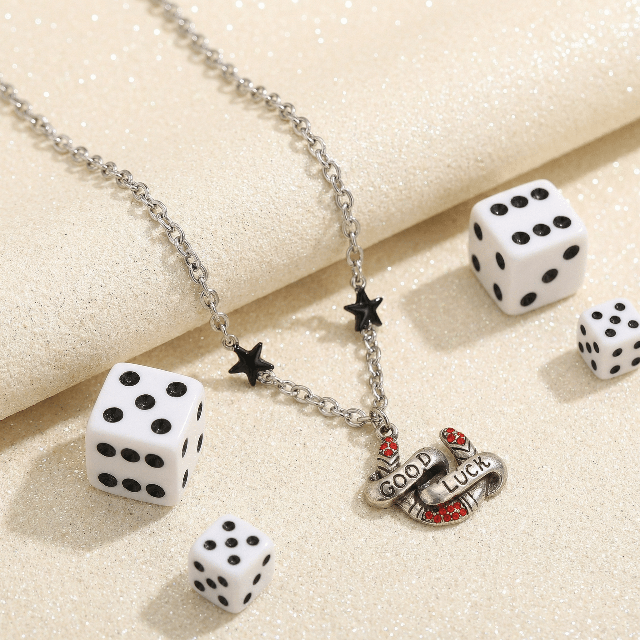 Sourpuss "Good Luck” Horseshoe Necklace with Red Rhinestones & Black Star Charms Necklaces La Vie Bien Sourpuss "Good Luck” Horseshoe Necklace with Red Rhinestones & Black Star Charms