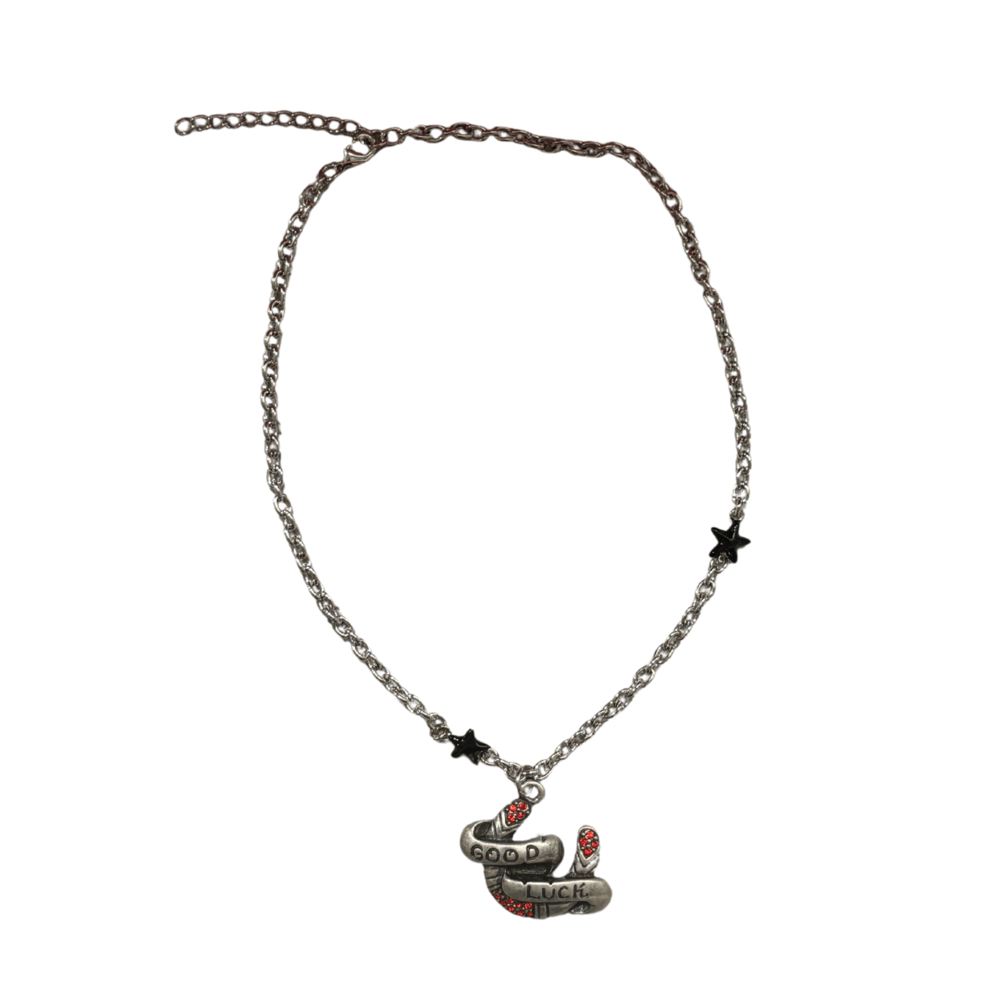 Sourpuss "Good Luck” Horseshoe Necklace with Red Rhinestones & Black Star Charms Necklaces La Vie Bien Sourpuss "Good Luck” Horseshoe Necklace with Red Rhinestones & Black Star Charms
