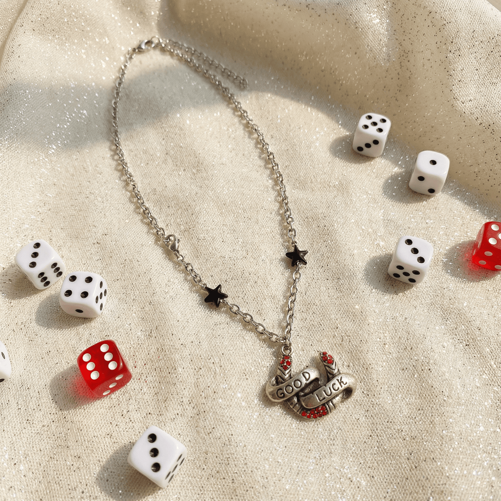 Sourpuss "Good Luck” Horseshoe Necklace with Red Rhinestones & Black Star Charms Necklaces La Vie Bien Sourpuss "Good Luck” Horseshoe Necklace with Red Rhinestones & Black Star Charms