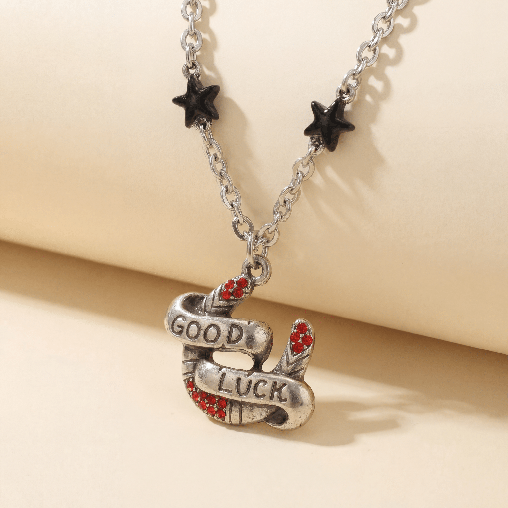 Sourpuss "Good Luck” Horseshoe Necklace with Red Rhinestones & Black Star Charms Necklaces La Vie Bien Sourpuss "Good Luck” Horseshoe Necklace with Red Rhinestones & Black Star Charms