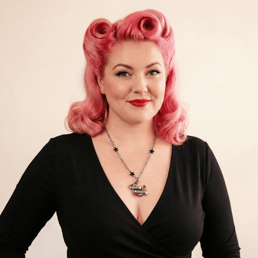 Sourpuss "Good Luck” Horseshoe Necklace with Red Rhinestones & Black Star Charms Necklaces La Vie Bien Sourpuss "Good Luck” Horseshoe Necklace with Red Rhinestones & Black Star Charms