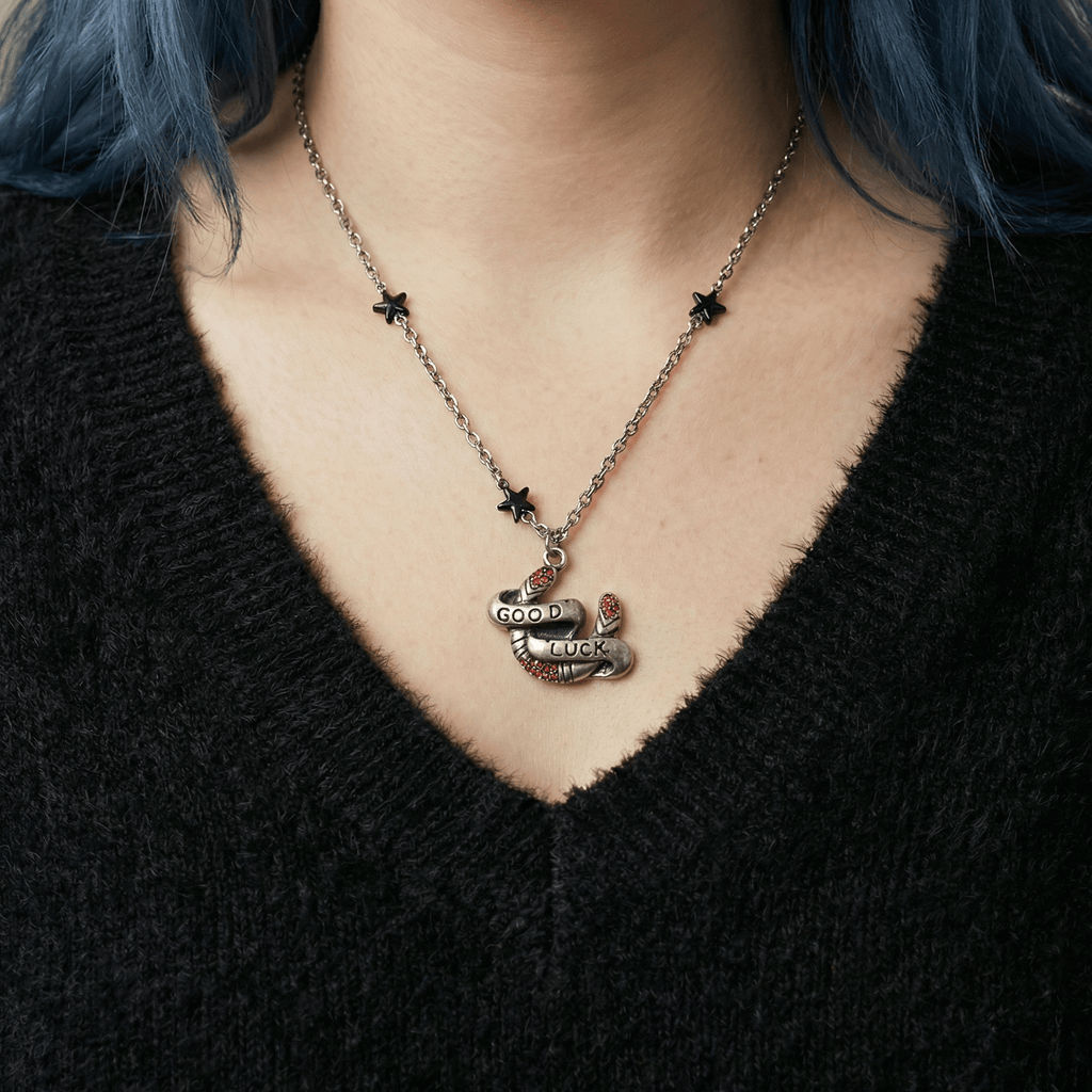 Sourpuss "Good Luck” Horseshoe Necklace with Red Rhinestones & Black Star Charms Necklaces La Vie Bien Sourpuss "Good Luck” Horseshoe Necklace with Red Rhinestones & Black Star Charms