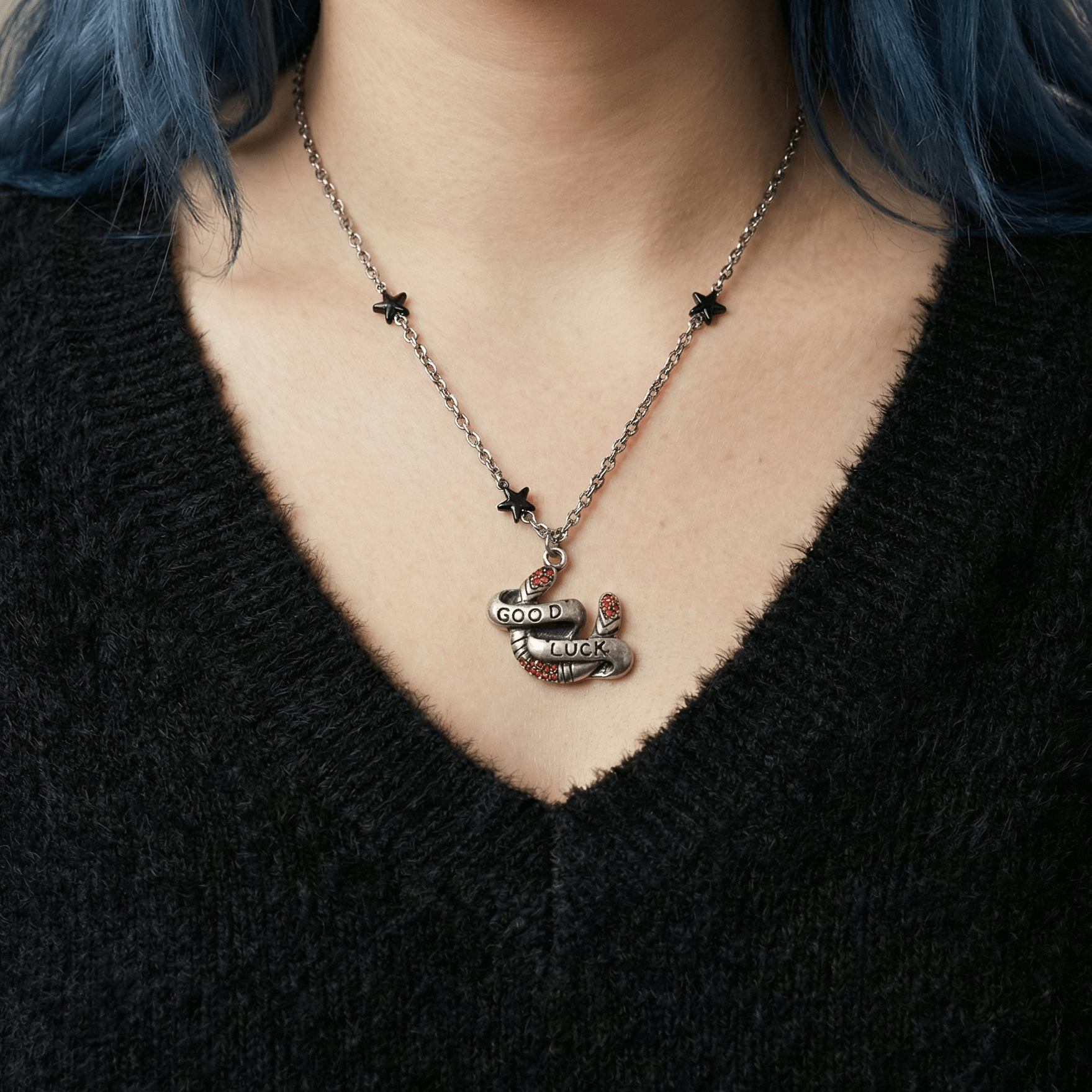 Sourpuss "Good Luck” Horseshoe Necklace with Red Rhinestones & Black Star Charms Necklaces La Vie Bien Sourpuss "Good Luck” Horseshoe Necklace with Red Rhinestones & Black Star Charms