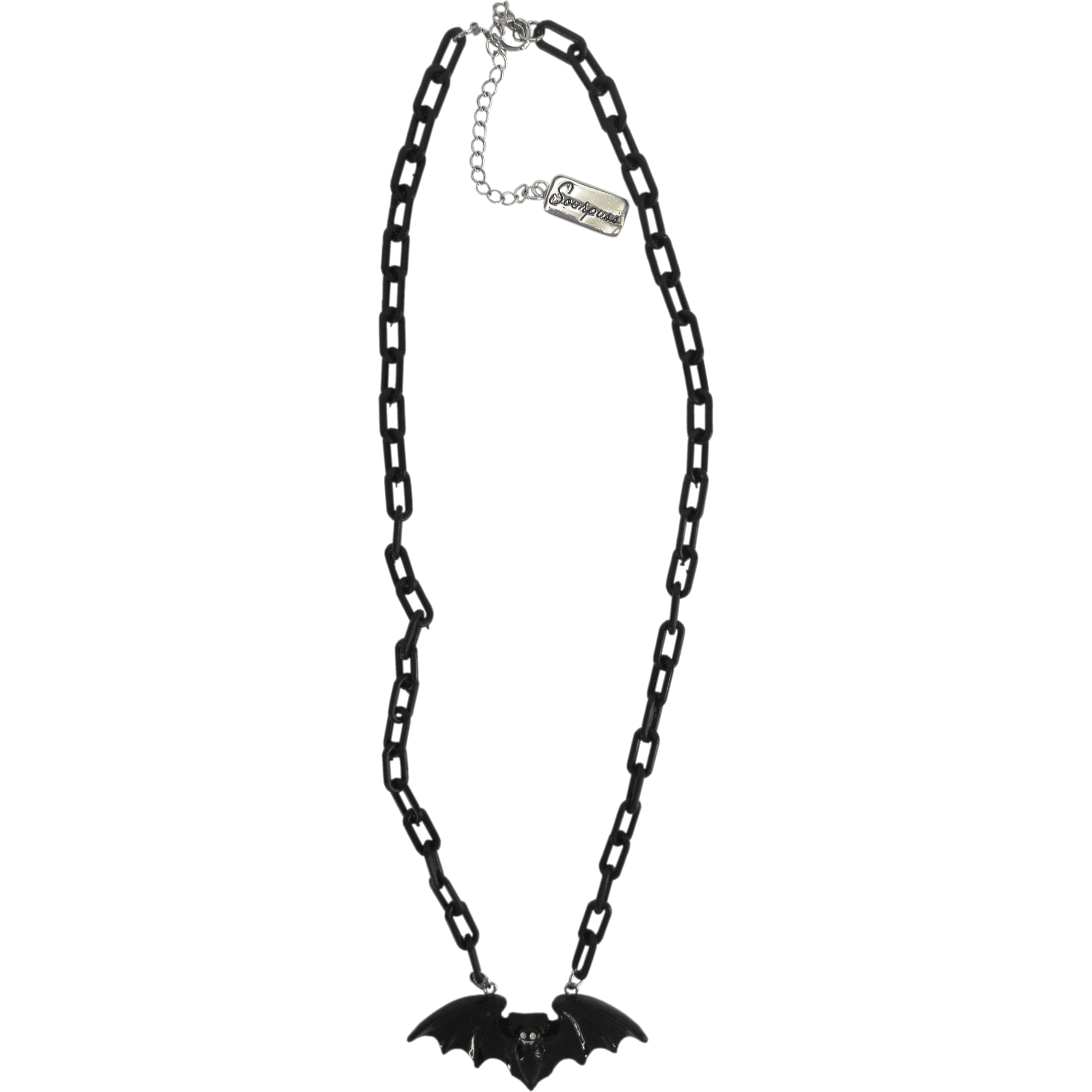 Sourpuss Smiling Vampire Bat Necklace | Chunky Chain Gothic Bat Pendant with Fang Grin Necklaces La Vie Bien Sourpuss Smiling Vampire Bat Necklace | Chunky Chain Gothic Bat Pendant with Fang Grin
