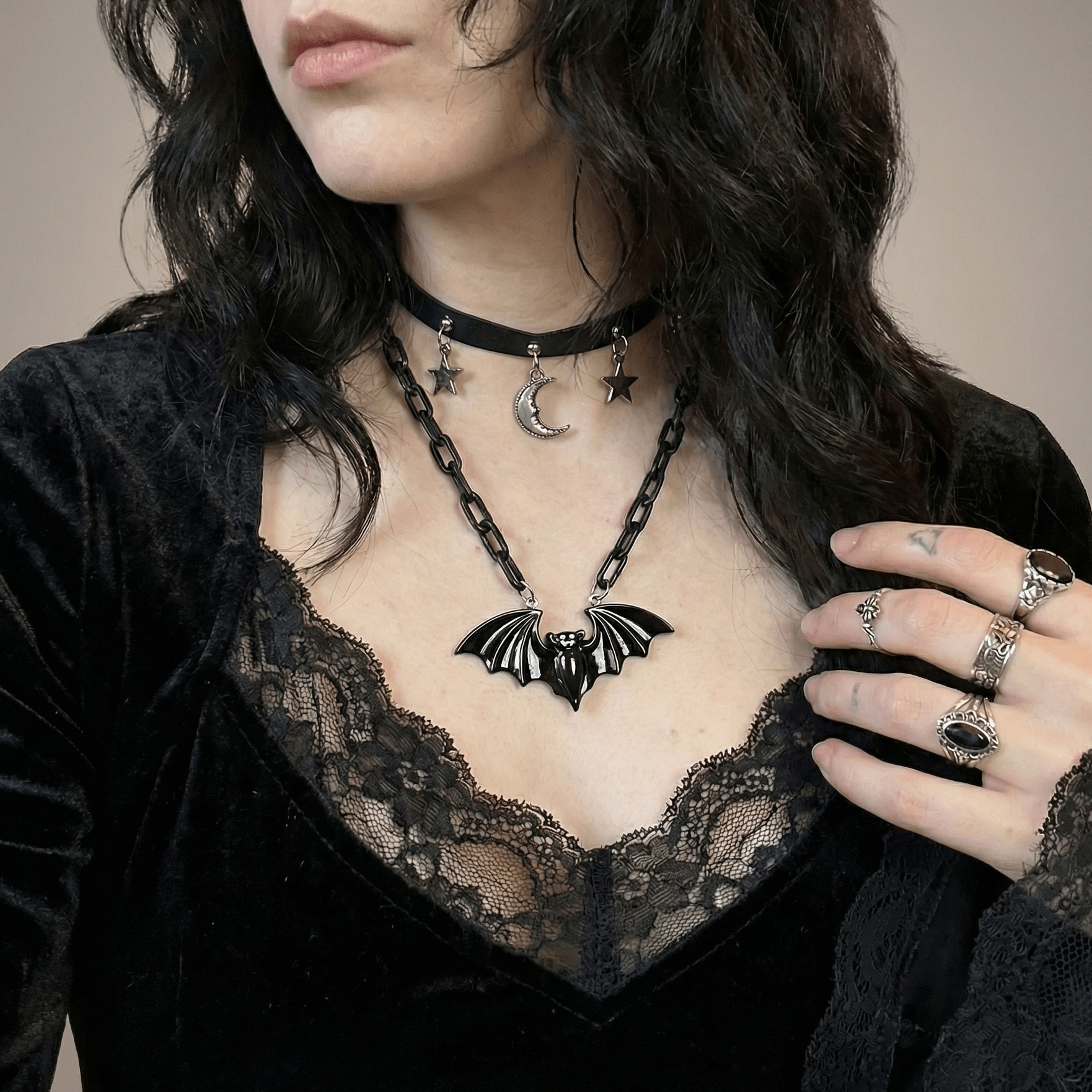 Sourpuss Smiling Vampire Bat Necklace | Chunky Chain Gothic Bat Pendant with Fang Grin Necklaces La Vie Bien Sourpuss Smiling Vampire Bat Necklace | Chunky Chain Gothic Bat Pendant with Fang Grin