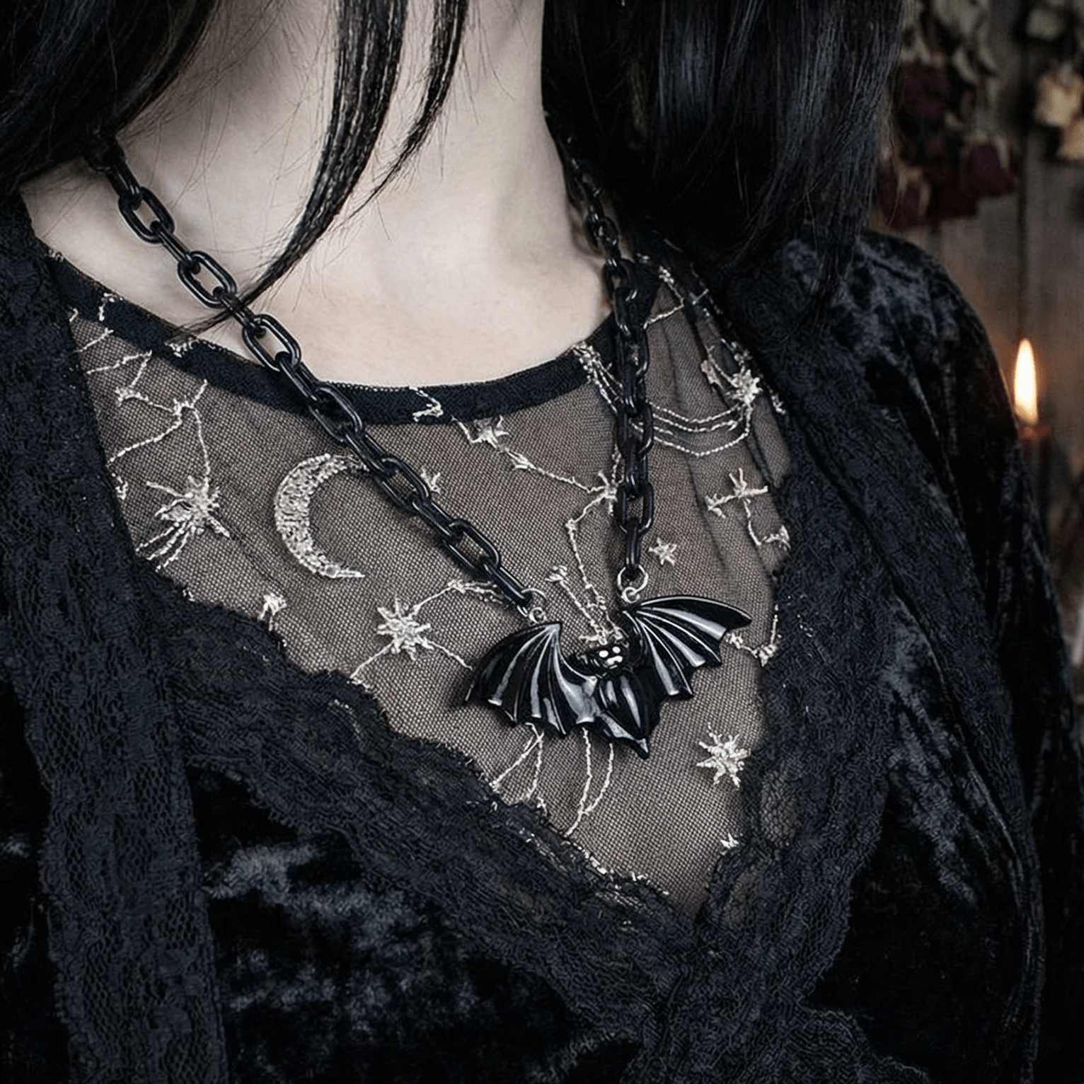 Sourpuss Smiling Vampire Bat Necklace | Chunky Chain Gothic Bat Pendant with Fang Grin Necklaces La Vie Bien Sourpuss Smiling Vampire Bat Necklace | Chunky Chain Gothic Bat Pendant with Fang Grin