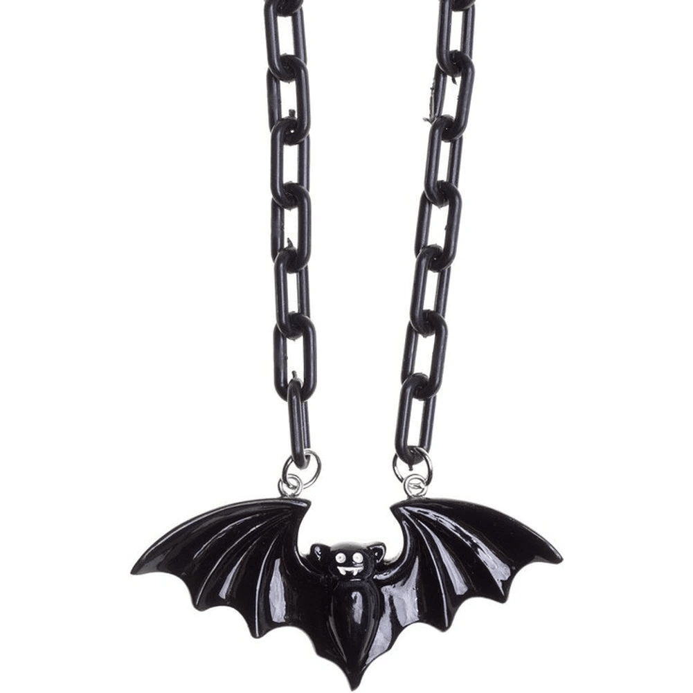 Sourpuss Smiling Vampire Bat Necklace | Chunky Chain Gothic Bat Pendant with Fang Grin by The Bullish Store