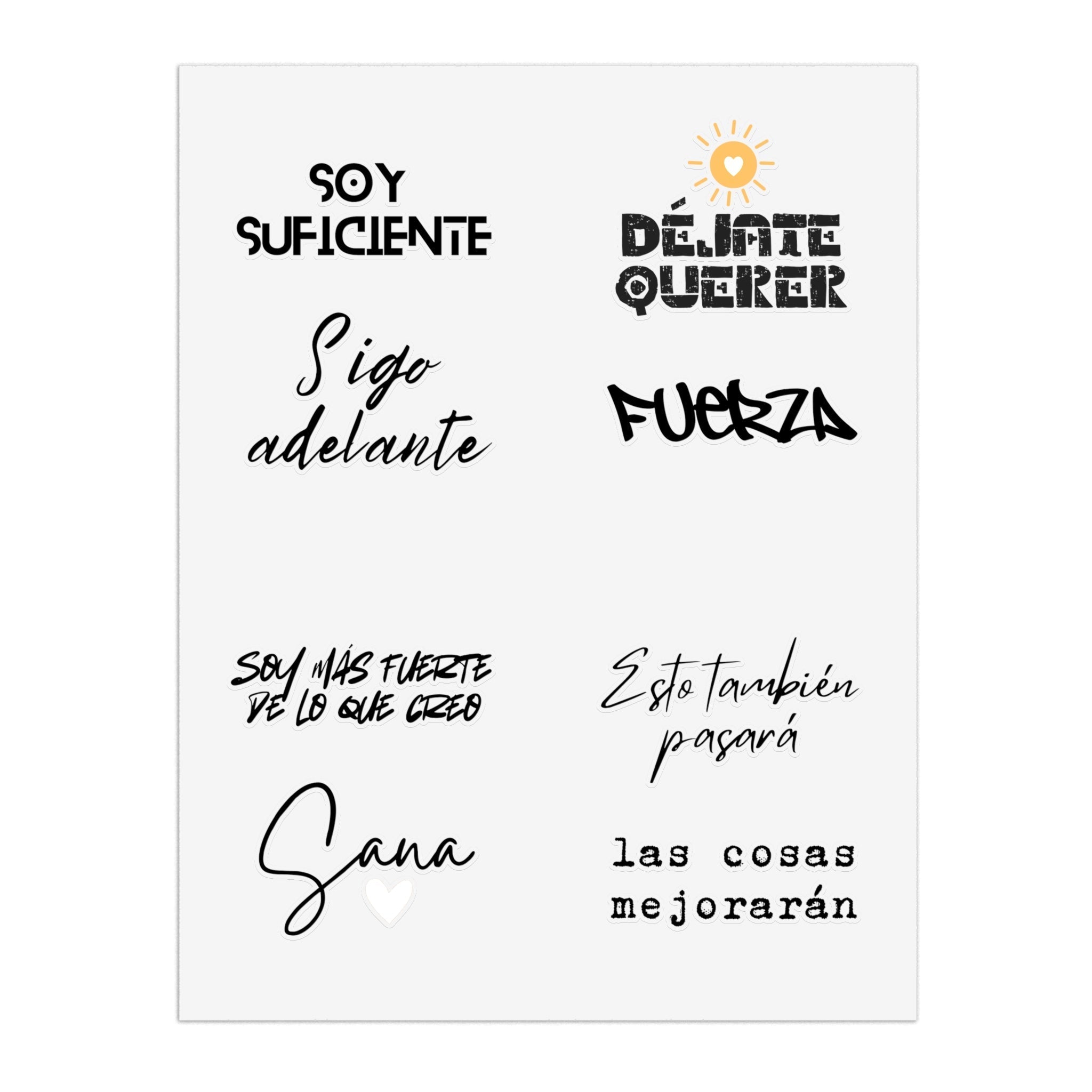 Spanish Motivational Phrase and mental health Sticker Sheet, Soy suficiente, Fuerza, Sigue adelante, sana, Soy más fuerte de lo que creo Paper products La Vie Bien Spanish Motivational Phrase and mental health Sticker Sheet, Soy suficiente, Fuerza, Sigue adelante, sana, Soy más fuerte de lo que creo