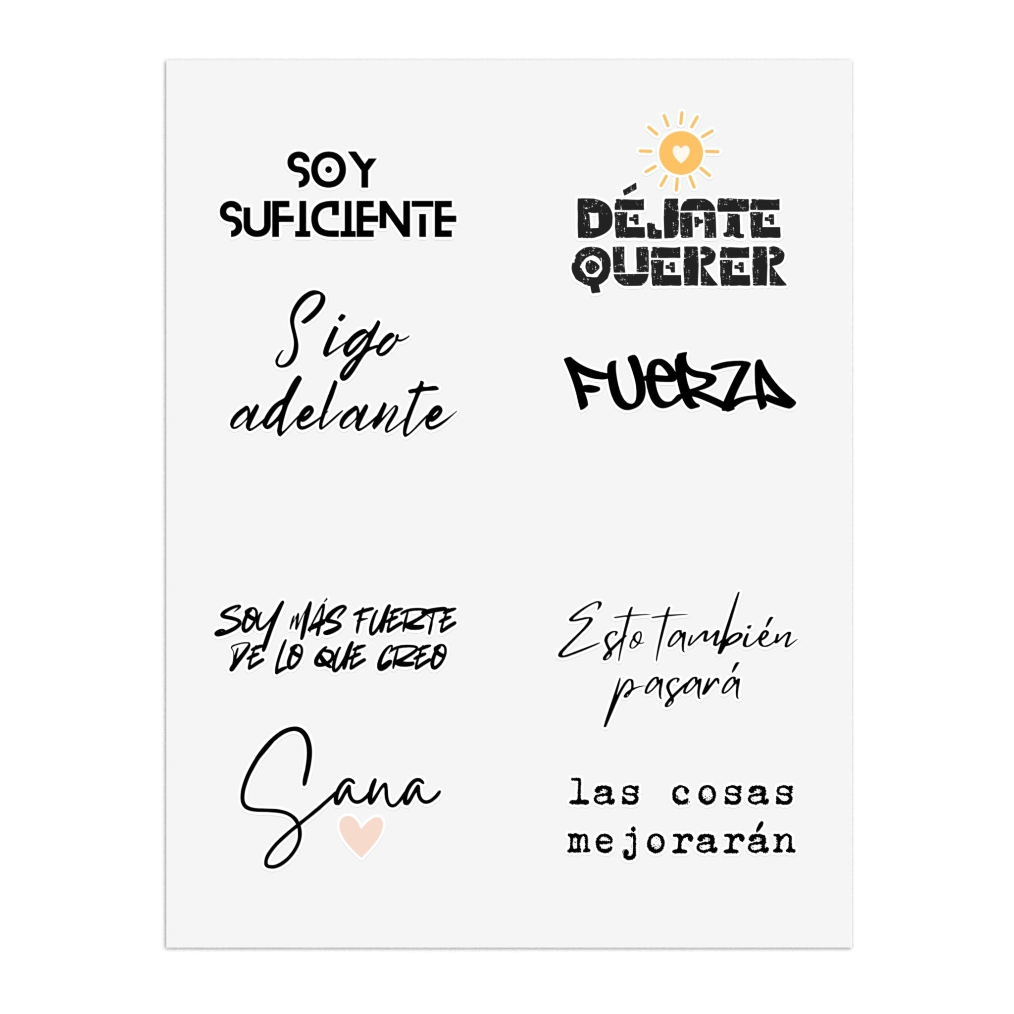 Spanish Motivational Phrase and mental health Sticker Sheet, Soy suficiente, Fuerza, Sigue adelante, sana, Soy más fuerte de lo que creo Paper products La Vie Bien Spanish Motivational Phrase and mental health Sticker Sheet, Soy suficiente, Fuerza, Sigue adelante, sana, Soy más fuerte de lo que creo