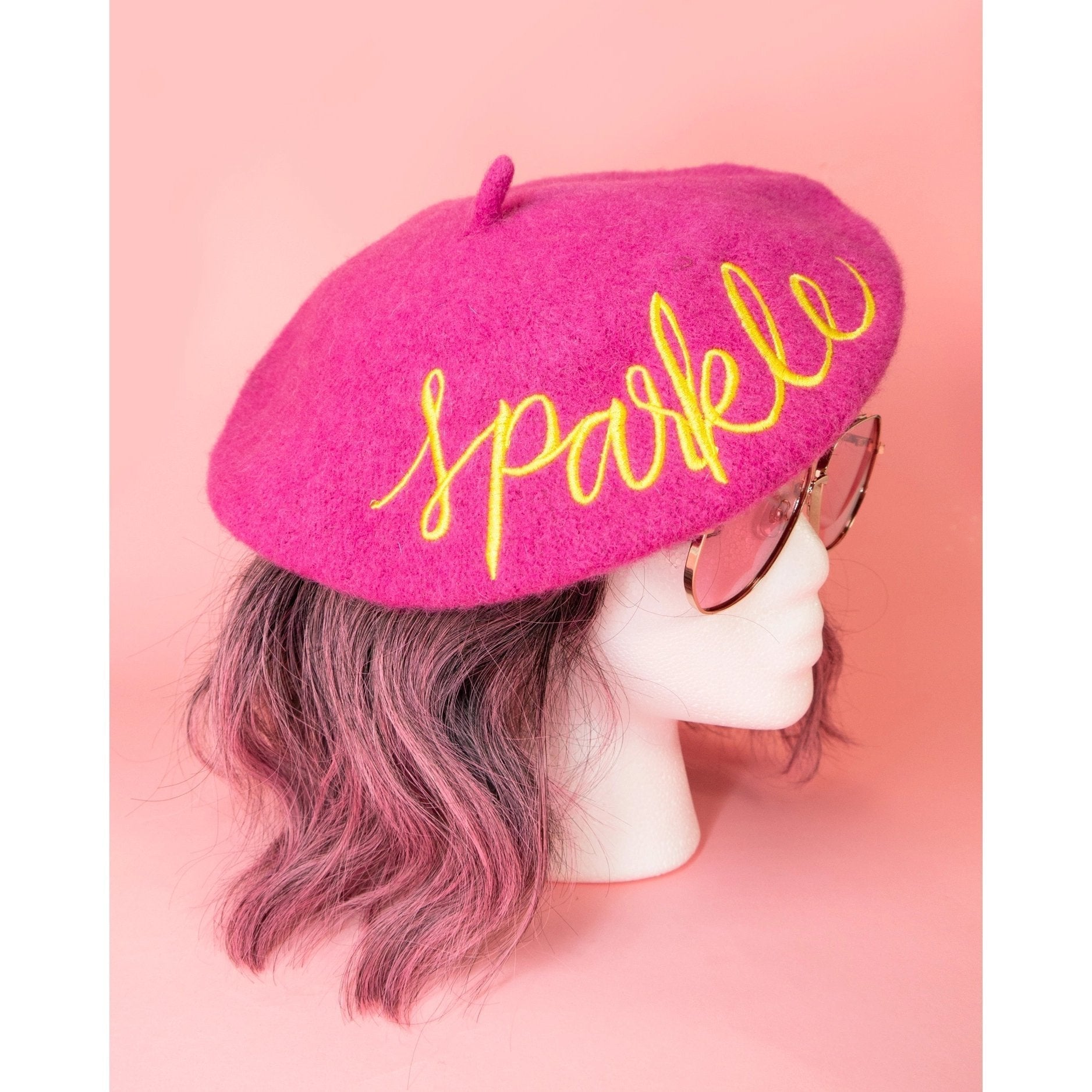 Sparkle Embroidered Beret in Pink Hat La Vie Bien Sparkle Embroidered Beret in Pink