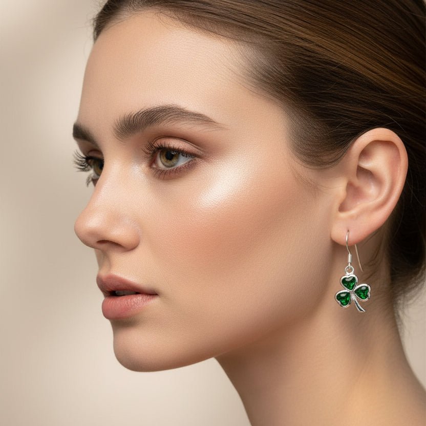 Sparkle Emerald Irish Shamrock Earrings in Sterling Silver Dangle Earrings La Vie Bien Sparkle Emerald Irish Shamrock Earrings in Sterling Silver