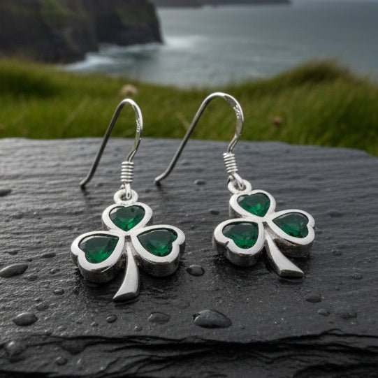 Sparkle Emerald Irish Shamrock Earrings in Sterling Silver Dangle Earrings La Vie Bien Sparkle Emerald Irish Shamrock Earrings in Sterling Silver
