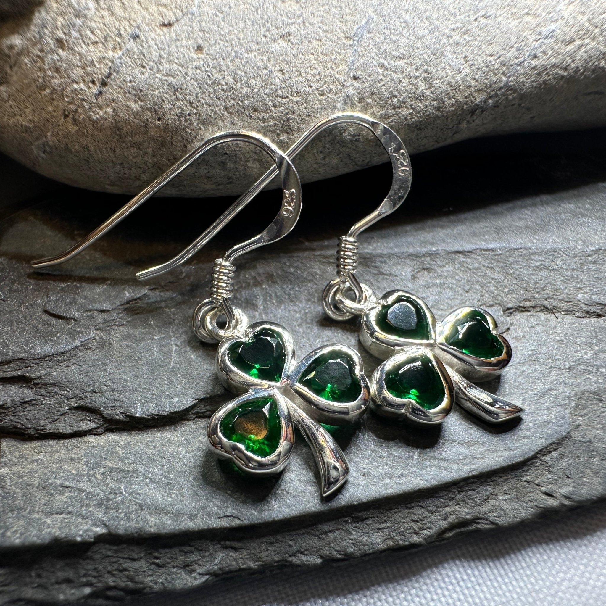 Sparkle Emerald Irish Shamrock Earrings in Sterling Silver Dangle Earrings La Vie Bien Sparkle Emerald Irish Shamrock Earrings in Sterling Silver