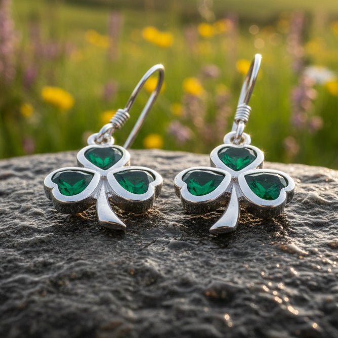 Sparkle Emerald Irish Shamrock Earrings in Sterling Silver Dangle Earrings La Vie Bien Sparkle Emerald Irish Shamrock Earrings in Sterling Silver