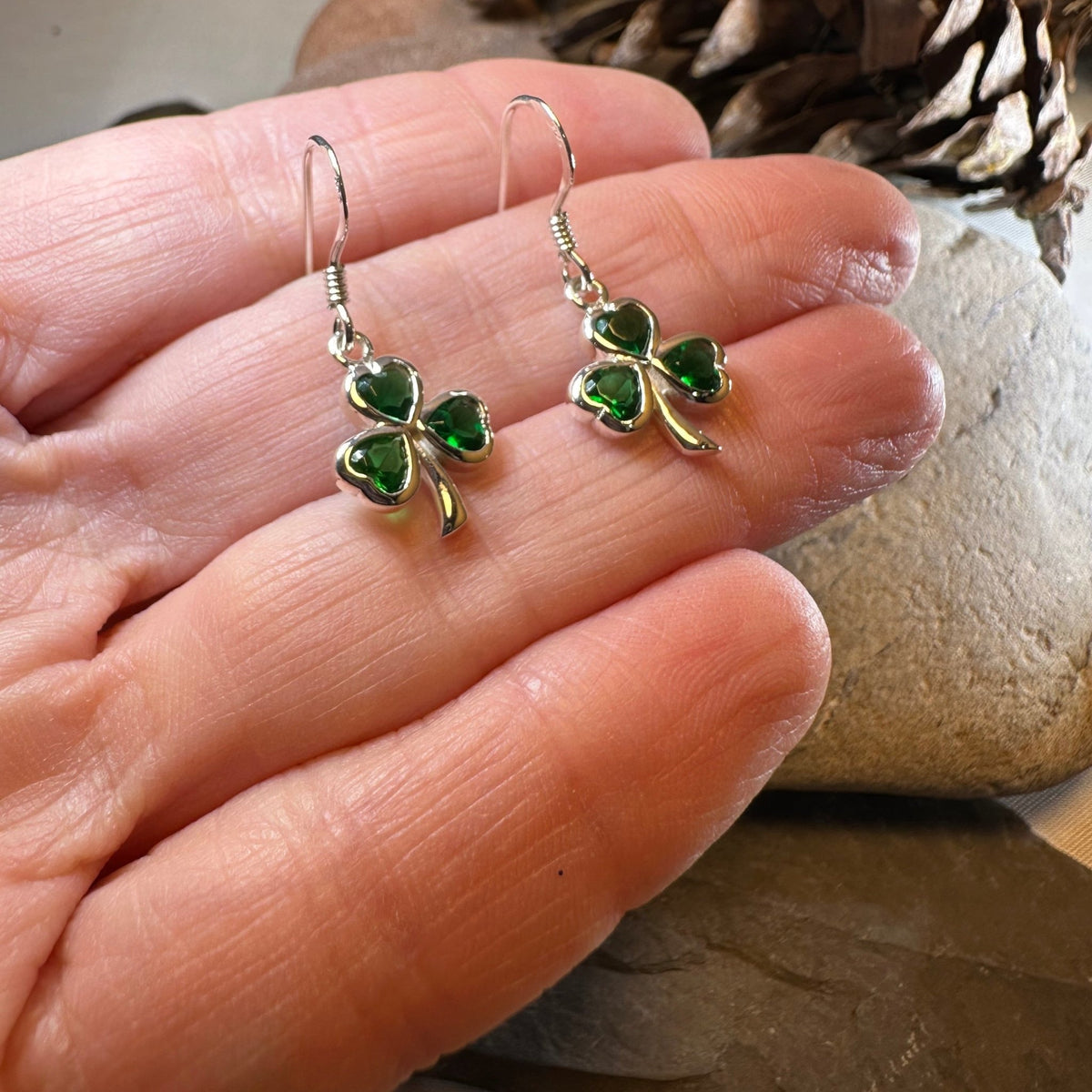 Sparkle Emerald Irish Shamrock Earrings in Sterling Silver Dangle Earrings La Vie Bien Sparkle Emerald Irish Shamrock Earrings in Sterling Silver