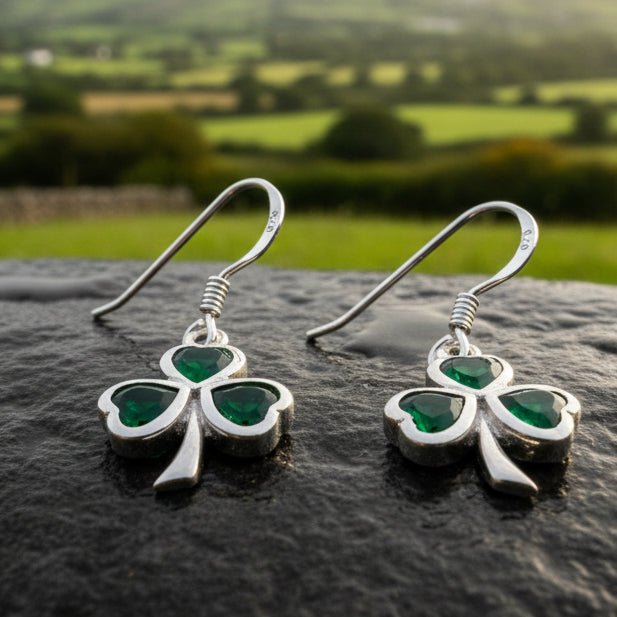 Sparkle Emerald Irish Shamrock Earrings in Sterling Silver Dangle Earrings La Vie Bien Sparkle Emerald Irish Shamrock Earrings in Sterling Silver