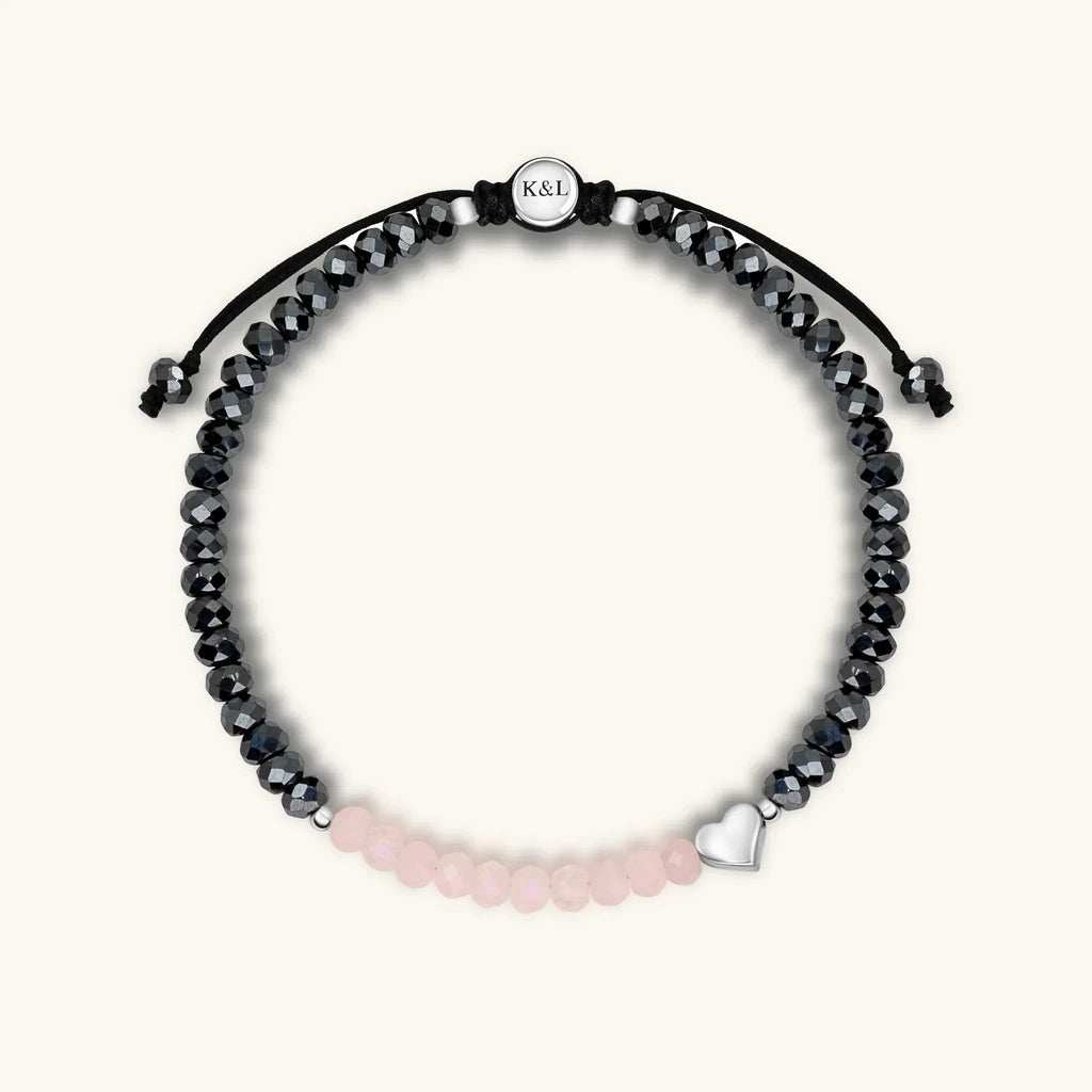 Spiritual Love - Rose Quartz Hematite Heart Charm Bracelet