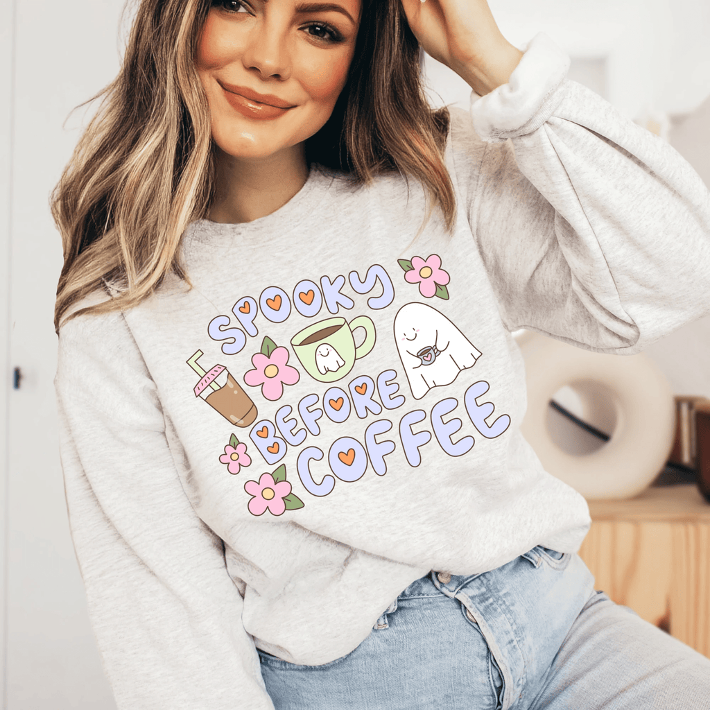 Spooky Before Coffee funny Adult Sweatshirt - Halloween collection by Benny and Ray Apparel