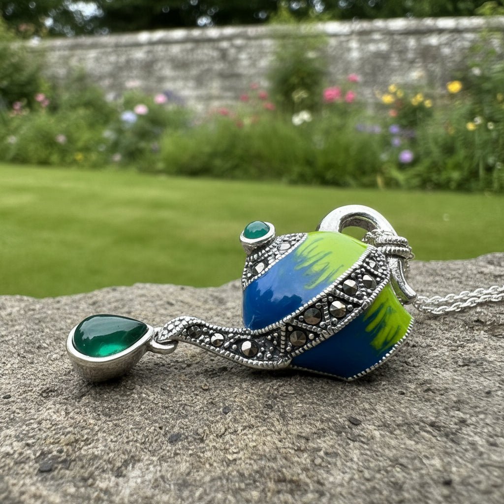 Spot of Tea Teapot Marcasite Necklace in Sterling Silver Brooch La Vie Bien Spot of Tea Teapot Marcasite Necklace in Sterling Silver