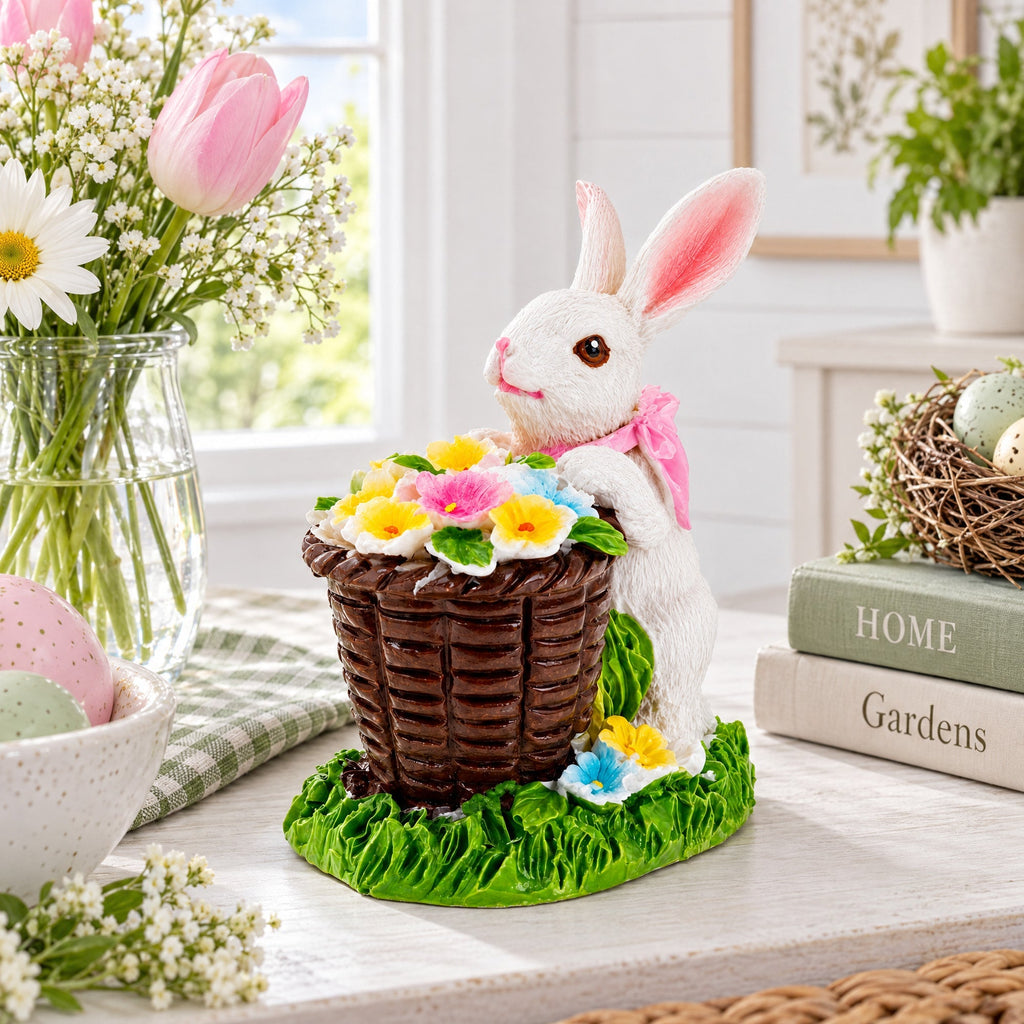 Spring Bunny Figurine With Floral Basket Easter Tabletop Accent 3 Inches Tall Easter > Figurines > Bunnies La Vie Bien Spring Bunny Figurine With Floral Basket Easter Tabletop Accent 3 Inches Tall