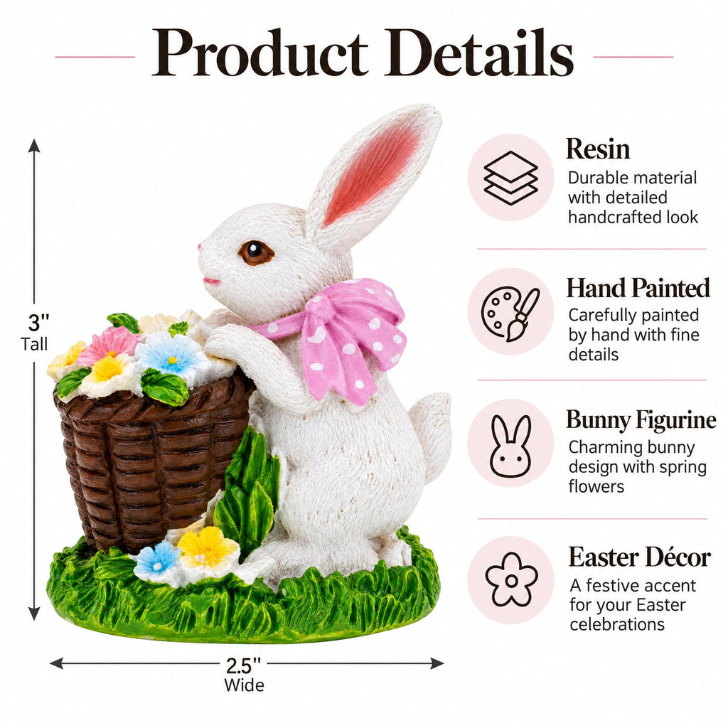 Spring Bunny Figurine With Floral Basket Easter Tabletop Accent 3 Inches Tall Easter > Figurines > Bunnies La Vie Bien Spring Bunny Figurine With Floral Basket Easter Tabletop Accent 3 Inches Tall