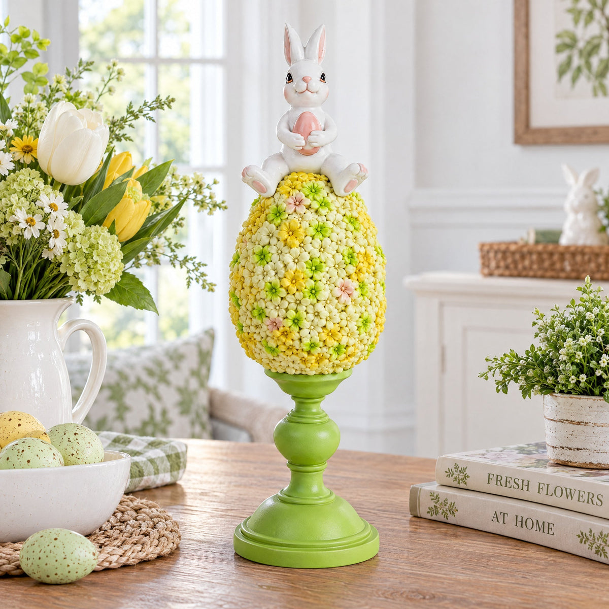 Spring Bunny Sitting on Textured Flower Easter Egg Display Stand 11.4 Inches Tall Easter > Figurines > Bunnies La Vie Bien Spring Bunny Sitting on Textured Flower Easter Egg Display Stand 11.4 Inches Tall