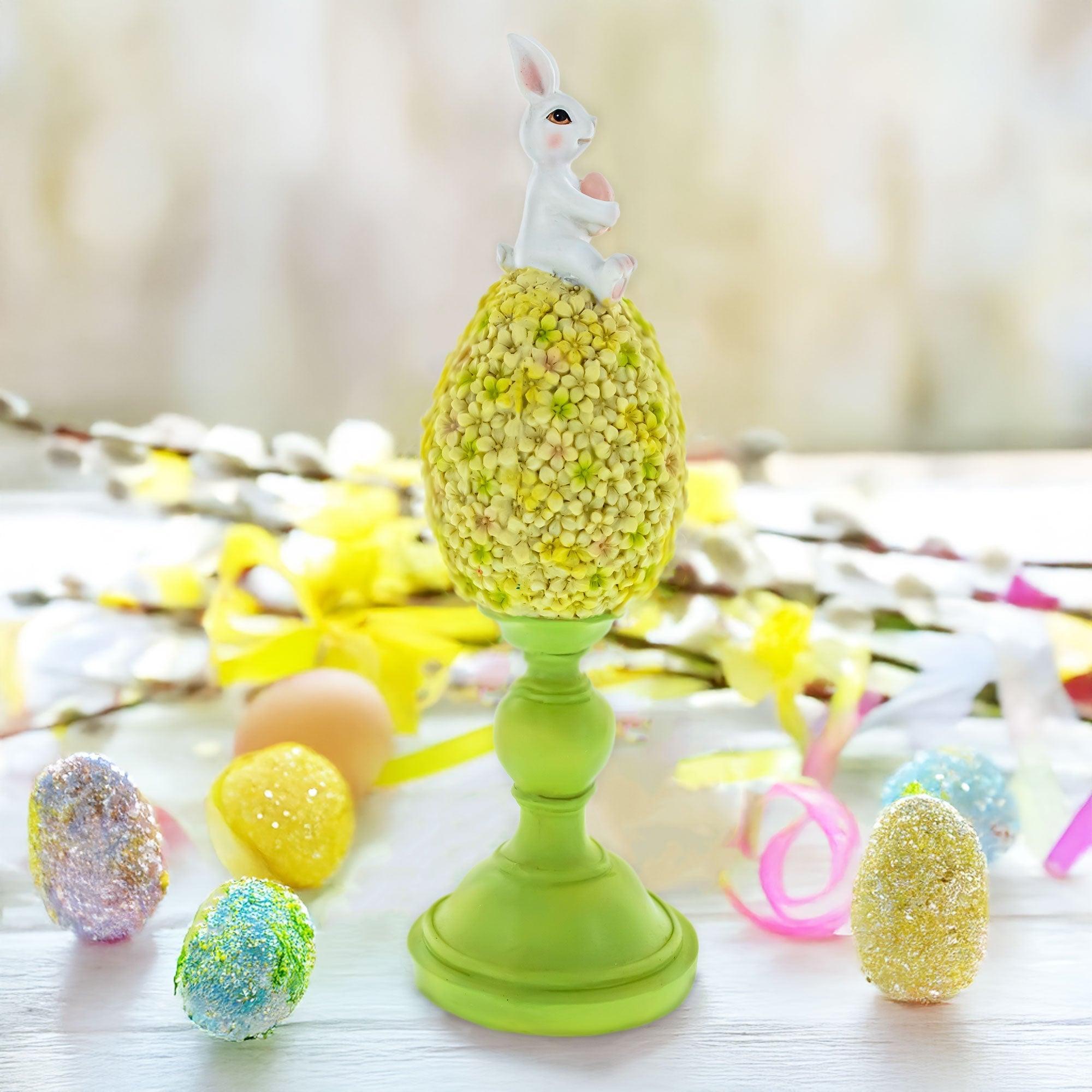 Spring Bunny Sitting on Textured Flower Easter Egg Display Stand 11.4 Inches Tall Easter > Figurines > Bunnies La Vie Bien Spring Bunny Sitting on Textured Flower Easter Egg Display Stand 11.4 Inches Tall